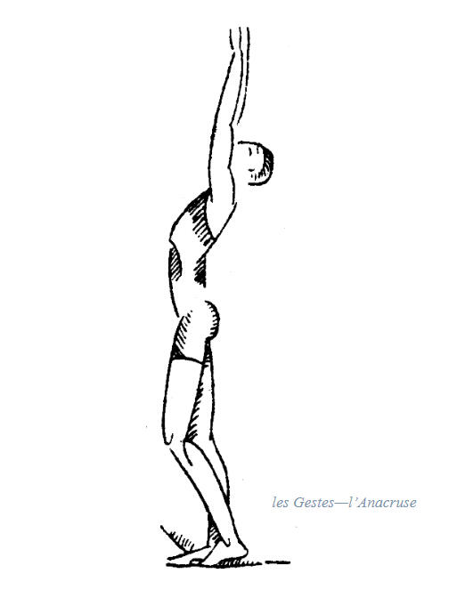 Les Gestes - l'Anacruse by Paul Thévenaz A drawing of a figure with arms stretched overhead, showing an anacrusic gesture, drawn by Paul Thévenaz